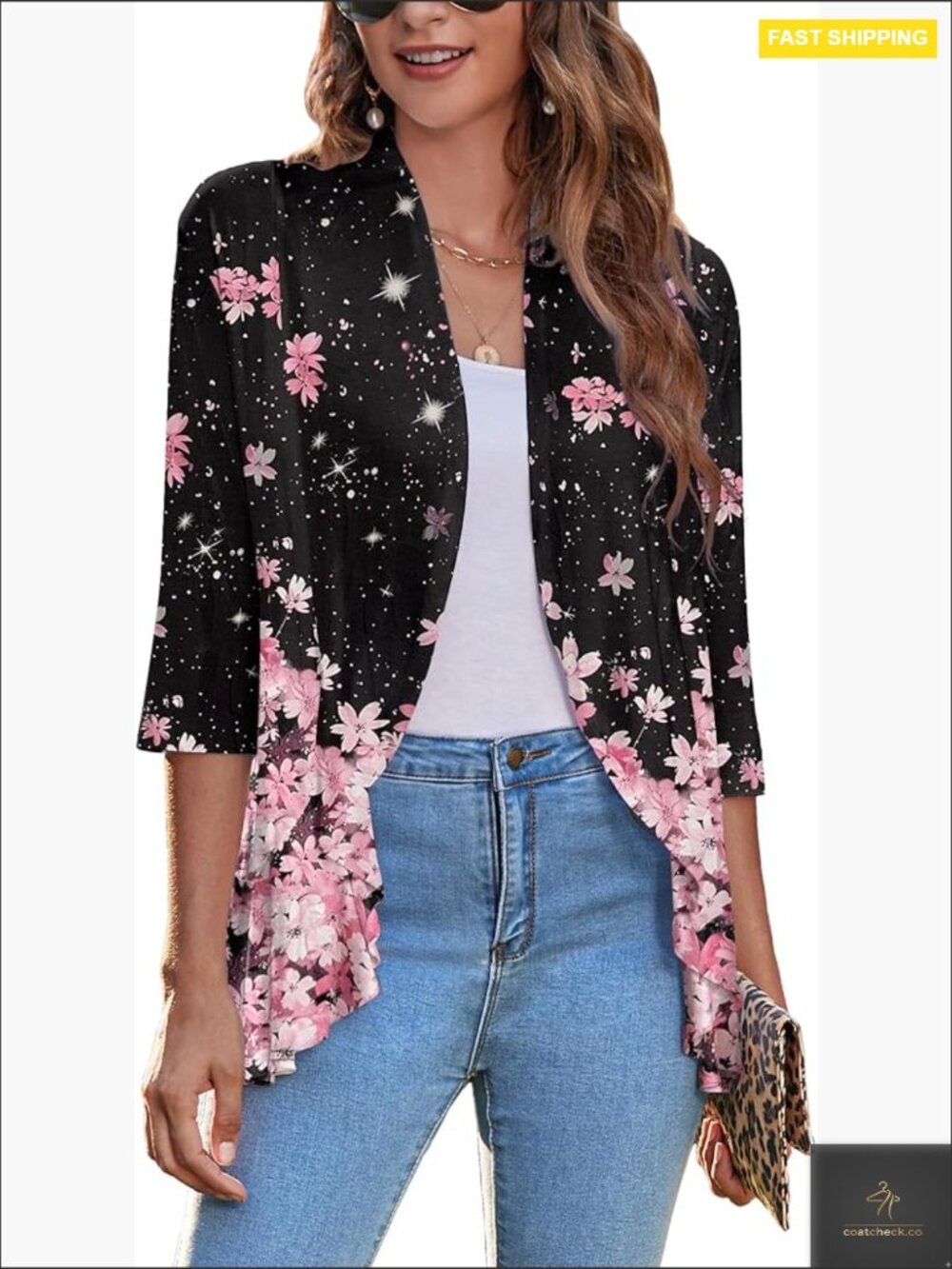 Womens Open Front Cardigan 3/4 Sleeve Draped Ruffles Lightweight Spring Summer